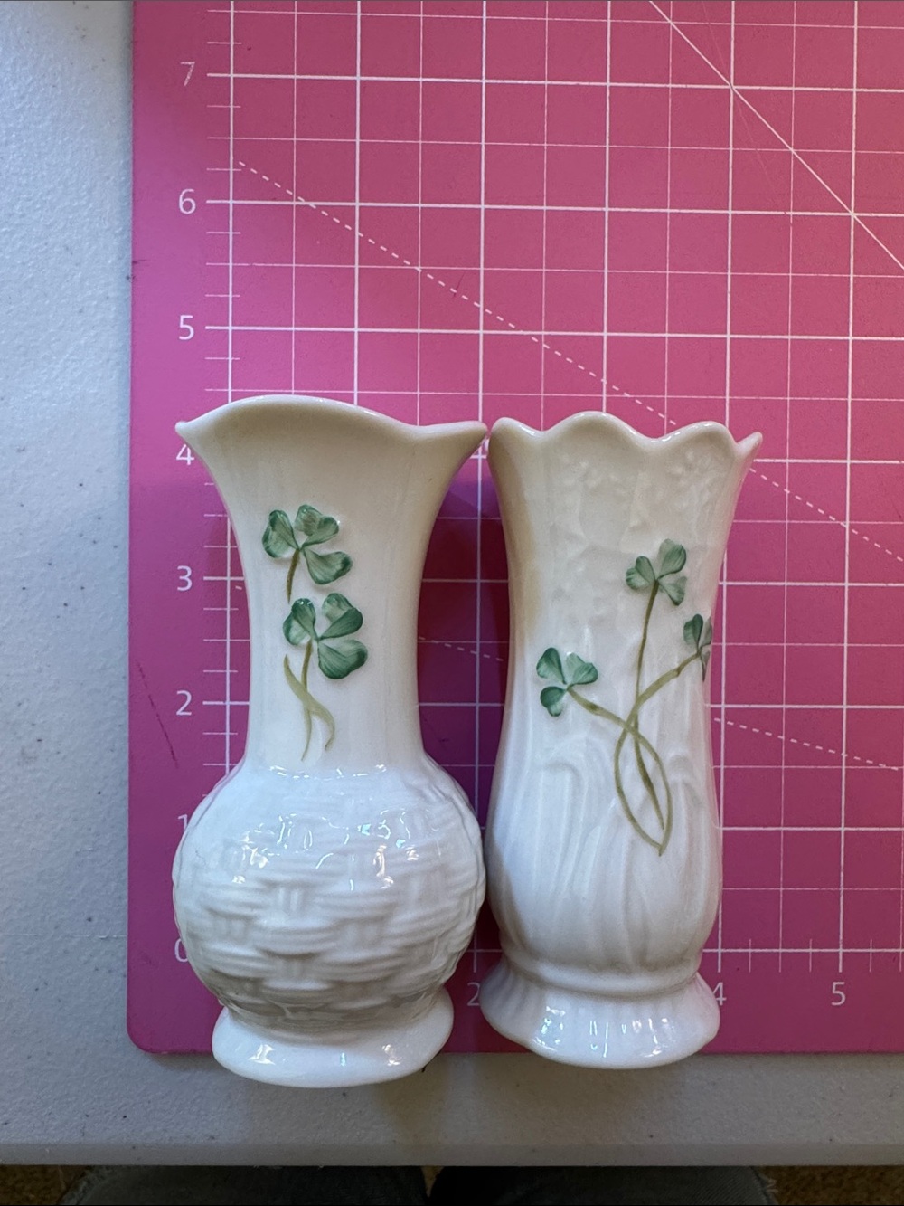 Belleek White Ceramic Bud Vases with Green Clover Accents - Pair - Picture 6 of 6